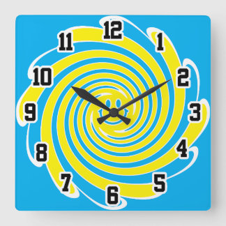 Blue & Yellow Swirl Happy Face Square Wall Clock