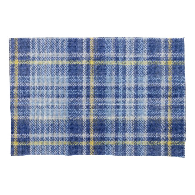Blue Yellow Tartan: Fashionable Plaid Pillowcase (Front)