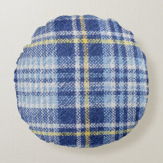Blue Yellow Tartan: Fashionable Plaid Round Cushion