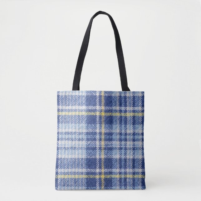 Blue Yellow Tartan: Fashionable Plaid Tote Bag (Front)