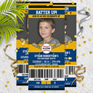 Blue Yellow Ticket Style Baseball Birthday Party Invitation