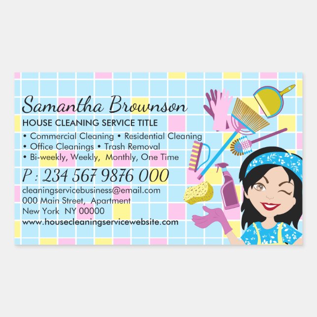 Blue Yellow Tile Cartoon Janitorial Cleaning Lady Rectangular Sticker (Front)