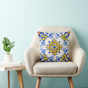 Blue Yellow Traditional Portuguese Azulejo Tile Cushion