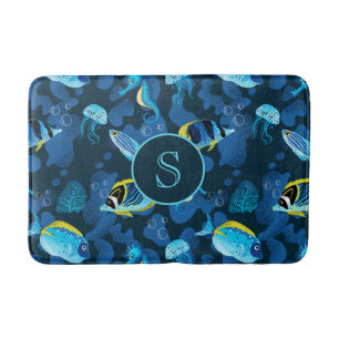 Blue Yellow Tropical Fishes Monogram Illustration Bath Mat