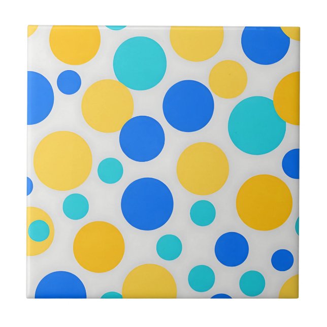 Blue Yellow Turquoise Polka Dots Ceramic Tile (Front)