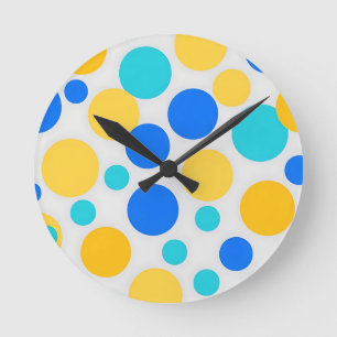 Blue Yellow Turquoise Polka Dots Round Clock