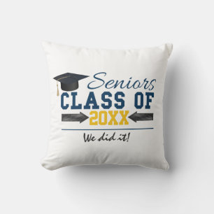 Blue Yellow Typography Graduation Gear Cushion