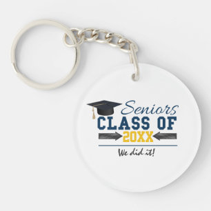 Blue Yellow Typography Graduation Gear Key Ring