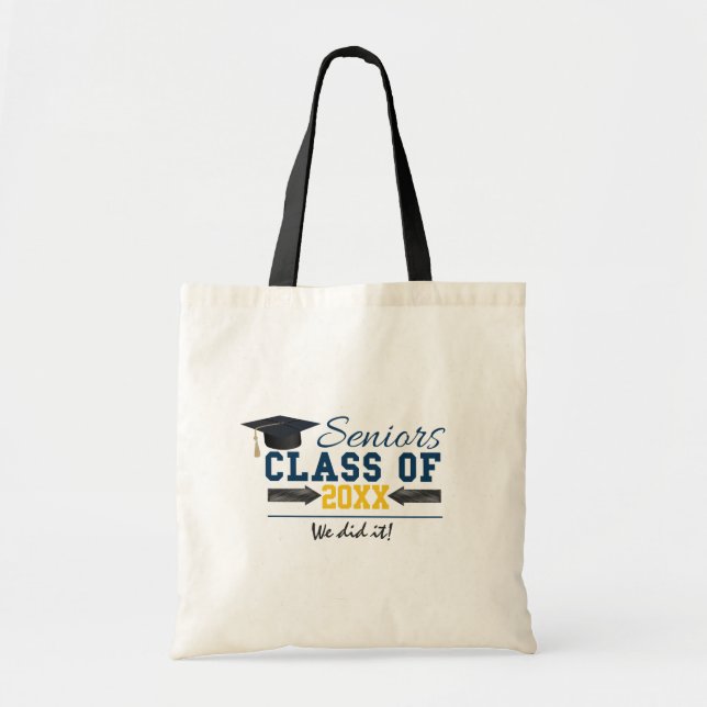 Blue Yellow Typography Graduation Gear Tote Bag (Front)