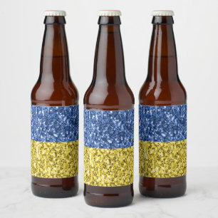 Blue yellow Ukraine flag glitter faux sparkles Beer Bottle Label