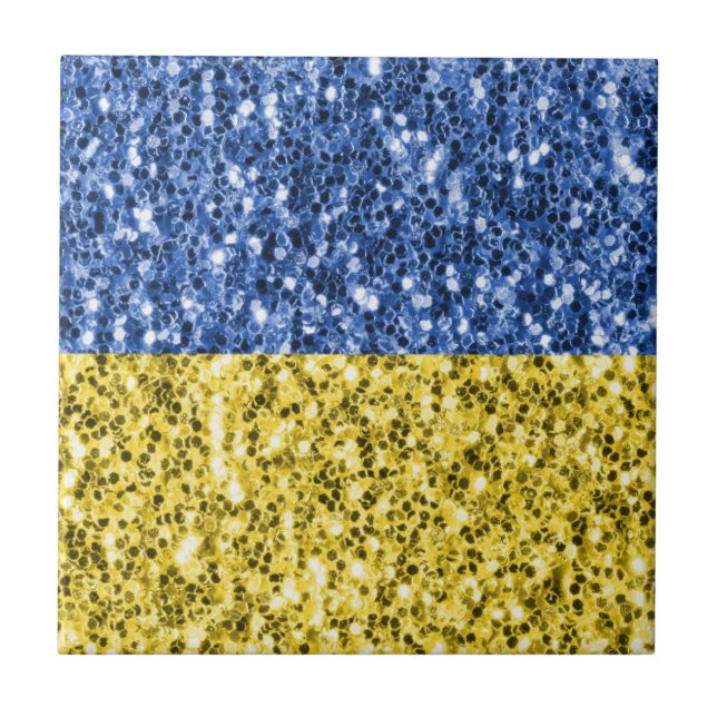 Blue yellow Ukraine flag glitter faux sparkles Ceramic Tile (Front)