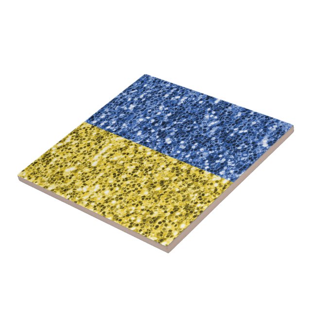 Blue yellow Ukraine flag glitter faux sparkles Ceramic Tile (Side)