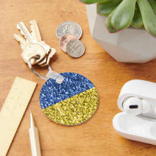 Blue yellow Ukraine flag glitter faux sparkles Key Ring