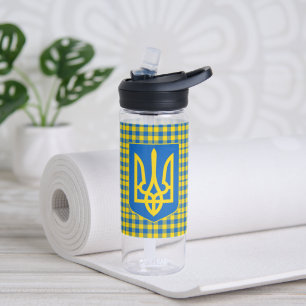 Blue & Yellow Ukraine Plaid pattern, Tryzub Tartan Water Bottle