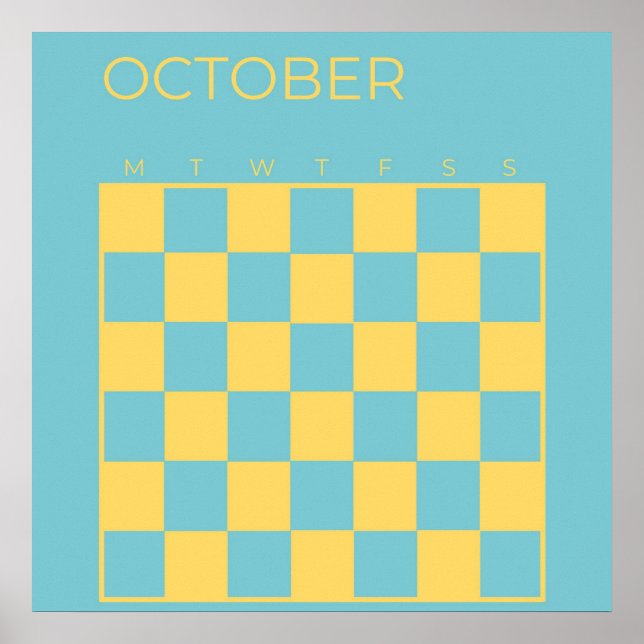 Blue Yellow Undated Chequered October Calendar Poster (Front)