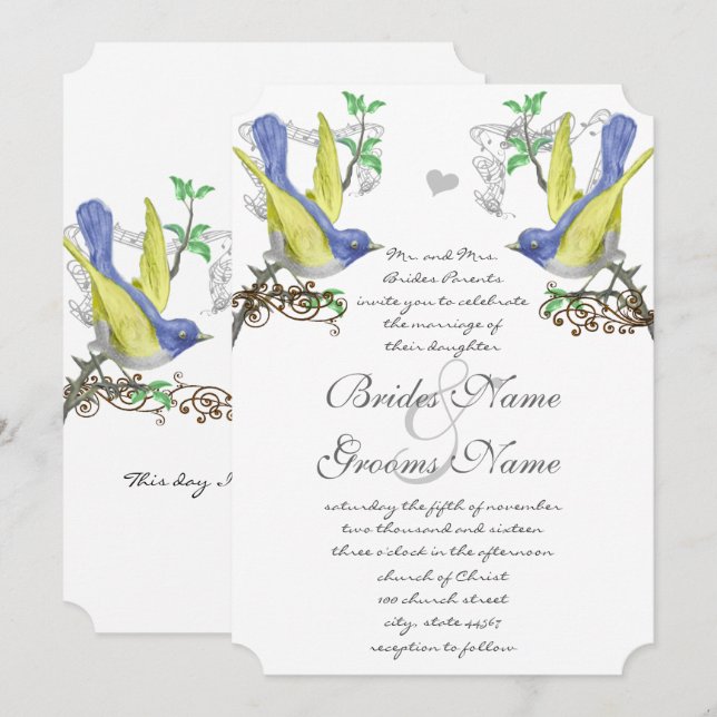 Blue & Yellow Vintage Birds Wedding Invite (Front/Back)
