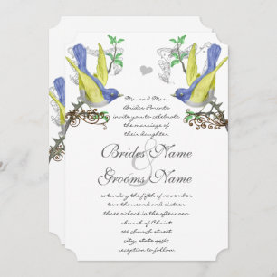 Blue & Yellow Vintage Birds Wedding Invite