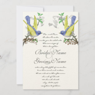 Blue & Yellow Vintage Birds Wedding Invite