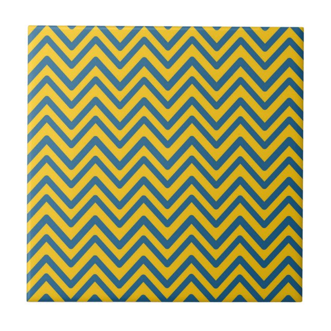 Blue Yellow Vintage Retro Chevron Pattern Ceramic Tile (Front)