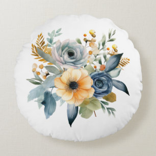Blue Yellow Watercolor Floral Wildflower Botanical Round Cushion