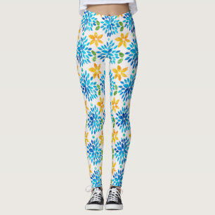 Blue & Yellow Watercolor Flower Pattern Leggings