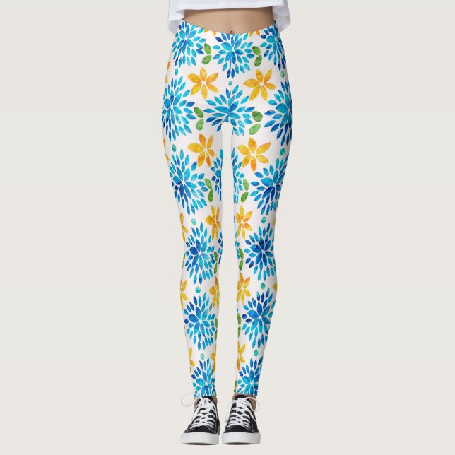 Blue & Yellow Watercolor Flower Pattern Leggings (Front)