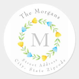 Blue Yellow Watercolor Flower Stem Wreath Labels