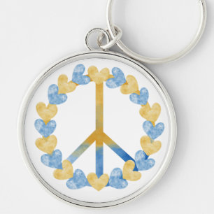 BLUE & YELLOW WATERCOLOR HEARTS & PEACE SIGN KEY RING