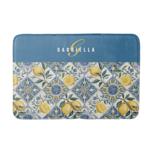 Blue Yellow Watercolor Lemon Monogram Bath Mat