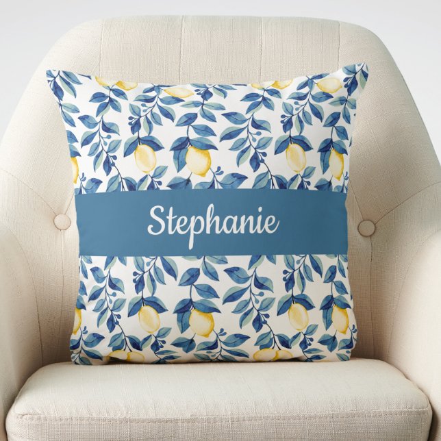Blue Yellow Watercolor Lemon Monogram Name Cushion (Creator Uploaded)