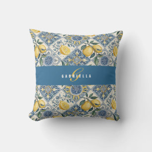 Blue Yellow Watercolor Lemon Monogram Name Cushion