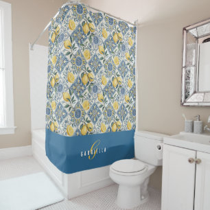 Blue Yellow Watercolor Lemon Monogram Shower Curtain