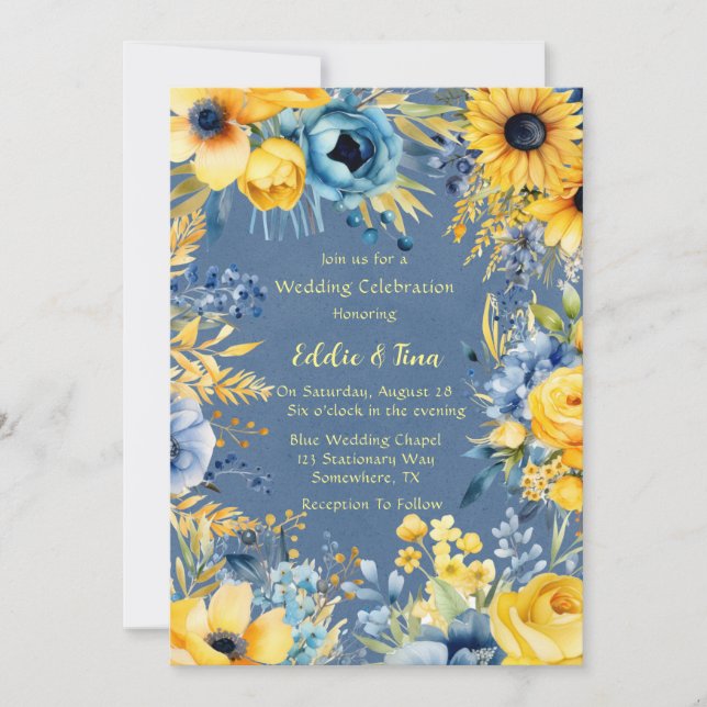 Blue Yellow Watercolor Peony Wedding  Invitation (Front)