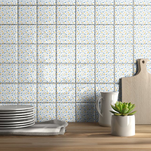 Blue Yellow Watercolor Wildflower  Ceramic Tile (Creator Uploaded)