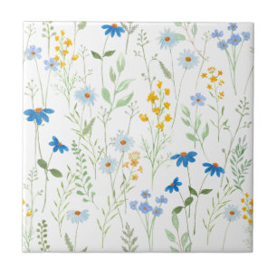 Blue Yellow Watercolor Wildflower Ceramic Tile