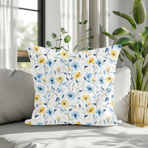 Blue Yellow Watercolor Wildflower Cushion