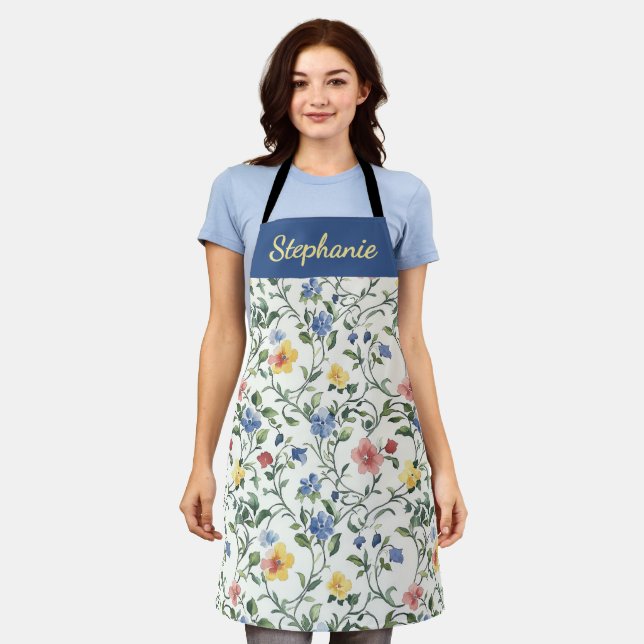 Blue Yellow Watercolor Wildflower Custom Name Apron (Worn)