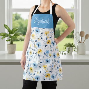 Blue Yellow Watercolor Wildflower Custom Name Apron
