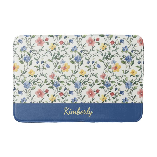 Blue Yellow Watercolor Wildflower Monogram Name Bath Mat (Front)