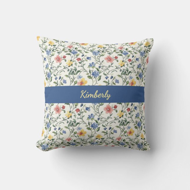 Blue Yellow Watercolor Wildflower Monogram Name Cushion (Front)