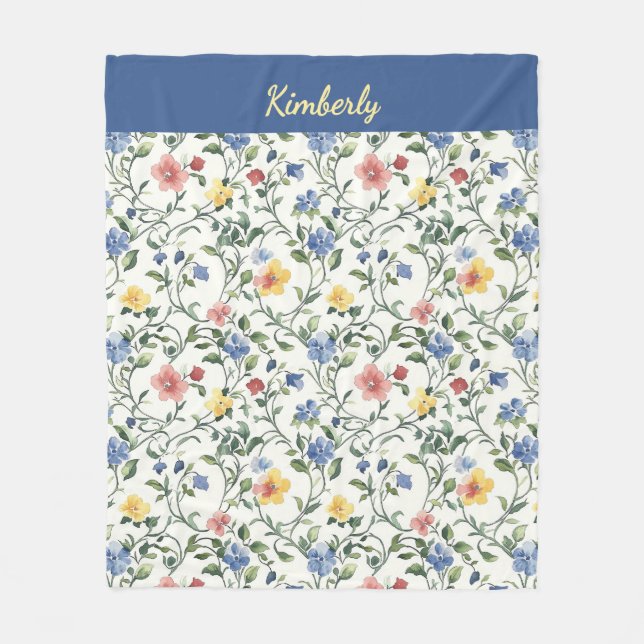 Blue Yellow Watercolor Wildflower Monogram Name Fleece Blanket (Front)