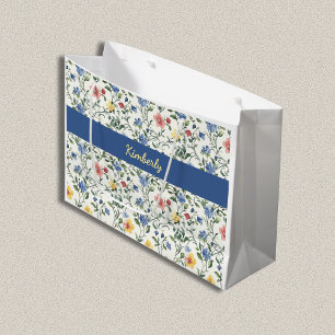Blue Yellow Watercolor Wildflower Monogram Name Large Gift Bag