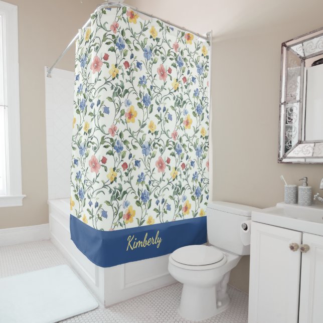 Blue Yellow Watercolor Wildflower Monogram Name Shower Curtain (In Situ)