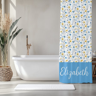 Blue Yellow Watercolor Wildflower Monogram Shower Curtain