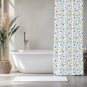 Blue Yellow Watercolor Wildflower Shower Curtain