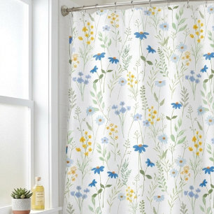 Blue Yellow Watercolor Wildflower Shower Curtain
