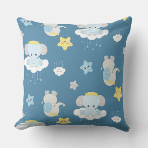 BLUE YELLOW WHITE BABY ELEPHANTS MOONS STARS CUSHION