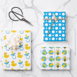 BLUE YELLOW WHITE BABY ITEMS WRAPPING PAPER SHEET