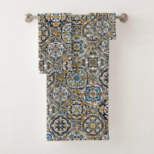 Blue Yellow White Black Azuleju Spanish Moroccan Bath Towel Set