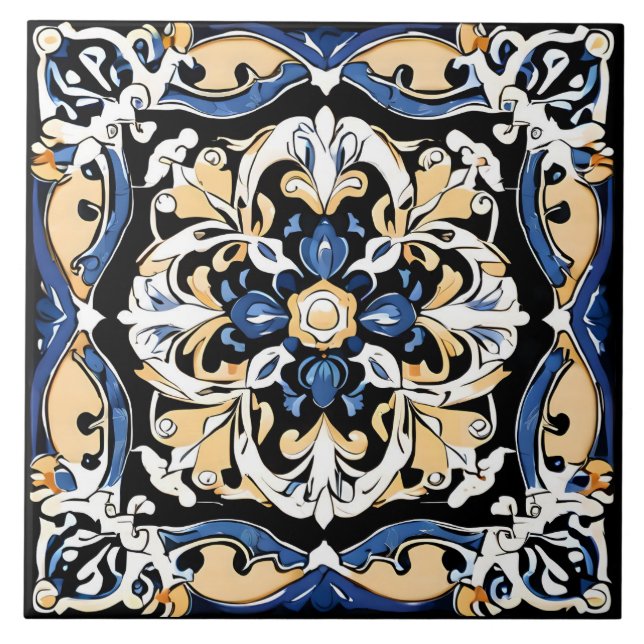 Blue Yellow White Black Azuleju Spanish Moroccan Ceramic Tile (Front)